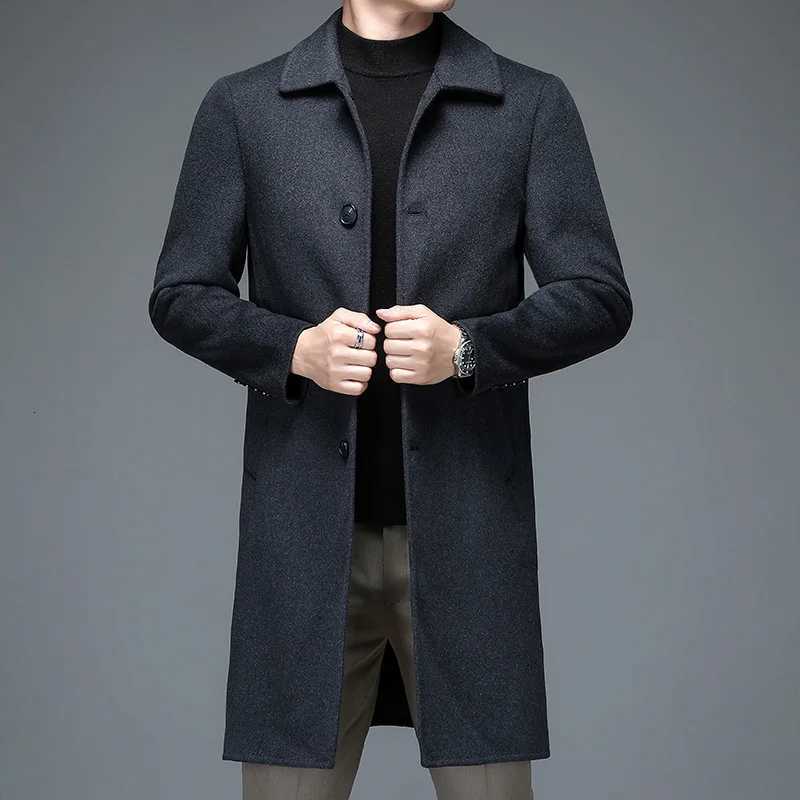 Quiet Luxury Men Wool Blend Overcoat Black Navy Gray Warm Cashmere Coat Back Split Winter Autumn British Style Garment OOTD XJ250809