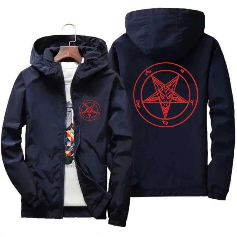 Mens Pentagram Men Church of Satan Baphomet Knights Templar Pentagram Thin Hooded Windbreaker T-Shirt Coat Pilot Jacket 7XL W250809