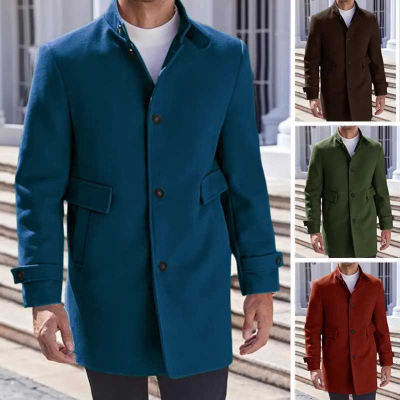 Woolen Coat Mens Autumn Winter Solid Color Single Breasted Pockets Fashion Coats Jacket XJ250809