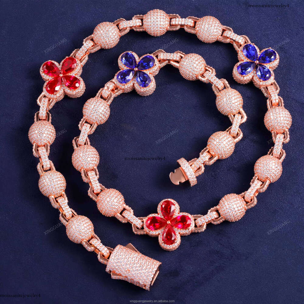 Unique Design Lab Ruby Sapphire Cuban Link Chain 12mm Round VVS Moissanite Rose Gold Plated Sier Ball Necklace