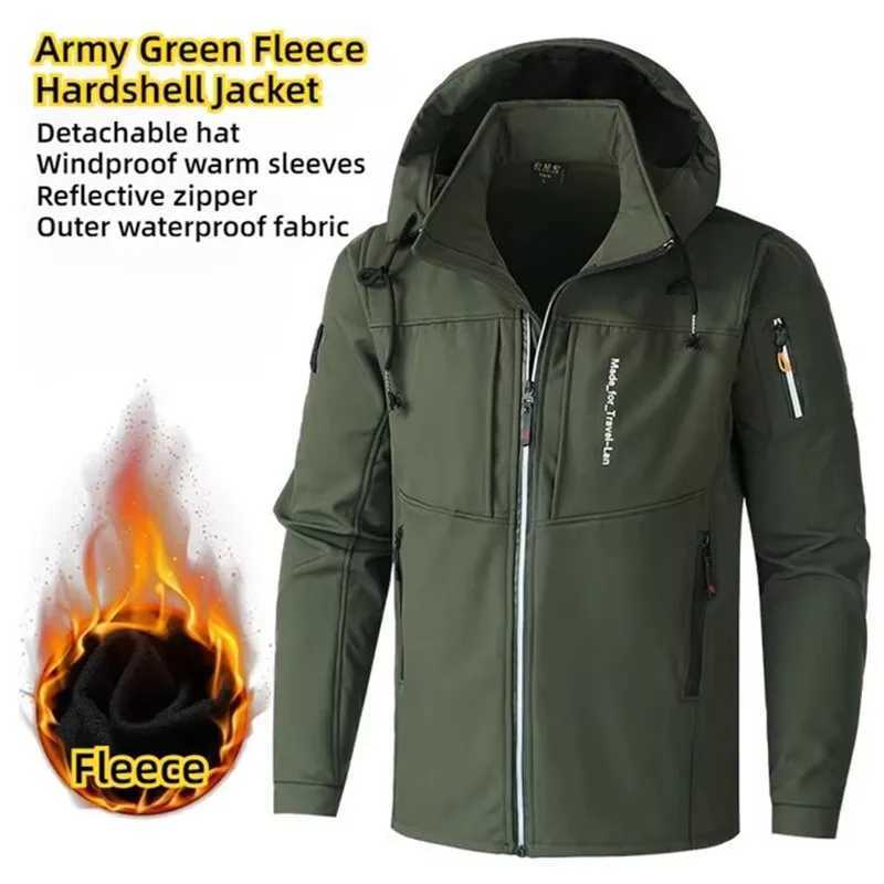 Winter Mens Outdoor Jackets Fleece Lining Windbreaker Waterproof Hiking Warm Jacket for Men Detachable Hat Casual Coats W250809