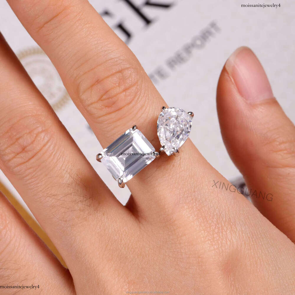 XG 4CT Emerald 3ct Pear 2stones for Women VVS Moissanite Lab Grown Dia Rings Sier Gold Fine Jewelry