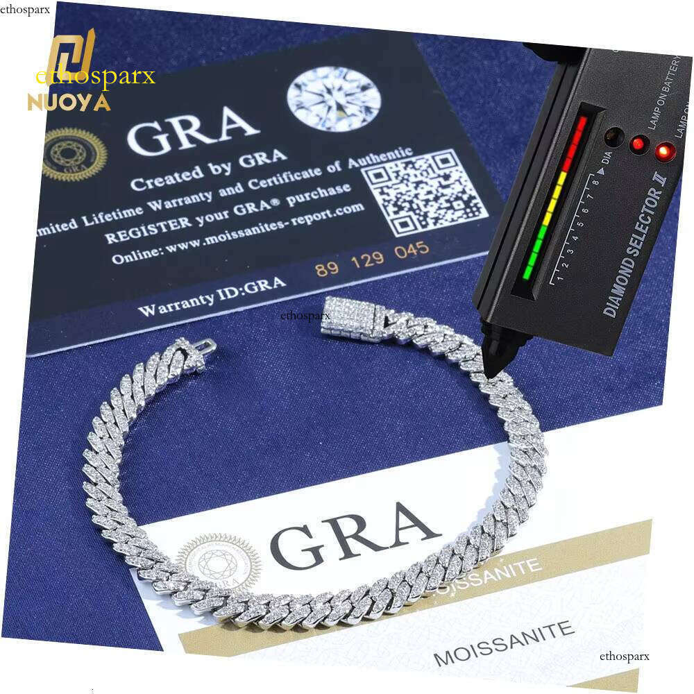 NUOYA Hip Hop Sier Iced Out Link Pass Dia Test Custom 6mm Width 1 Row Cuban Chain Moissanite Bracelet