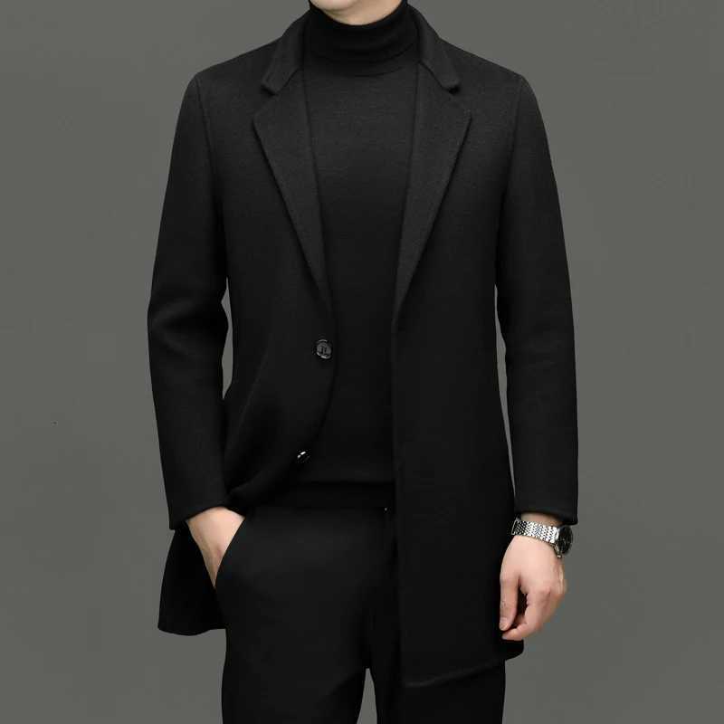 Quiet Luxury Mens Double-Faced Wool Overcoat Hand Sewn Coat Black Coffee Gray Coffee Woolen Attire Old Money Style Outfits 2025 XJ250809