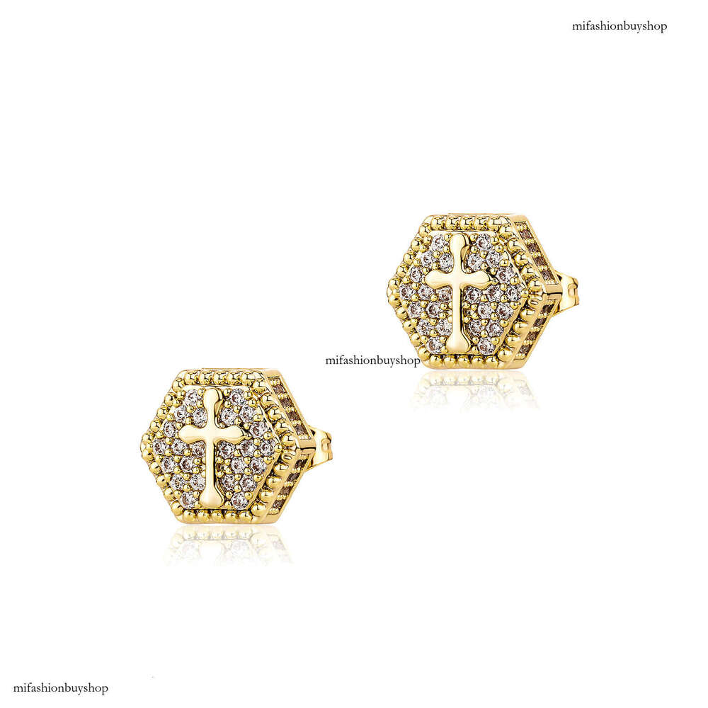 Trendy Cross Zircon Hip Hop Earrings for Men Hexagon Full Dia Ear Jewelry New Gold Australian Accessories