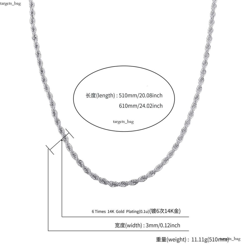 Hip Hop Plain Chain 3mm Dense Sterling Silver Twist Necklace Color Retention Electroplated Twisted Rope Bracelet