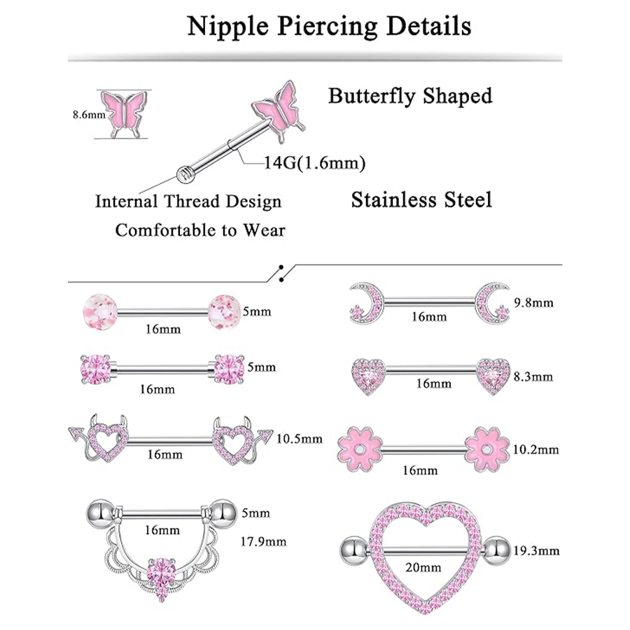 9 Pairs Nipple Rings Stainless Steel Heart Butterfly Moon Flower CZ Barbell Tongue Rings Set Cute Nipplerings Piercing Jewelry for Women Pink Silver T
