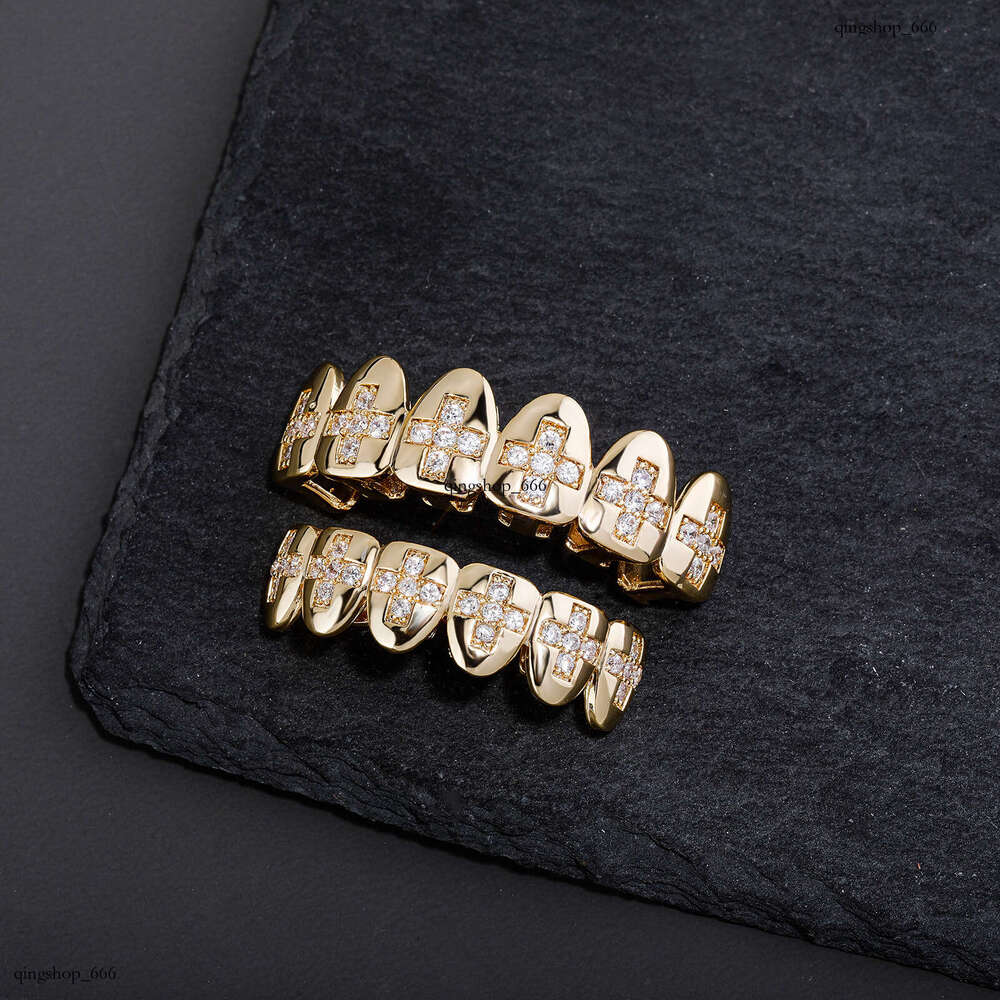 Micro Inlaid Round Zircon Cross Braces Halloween Funny Men's Personality Big Gold Teeth Grills