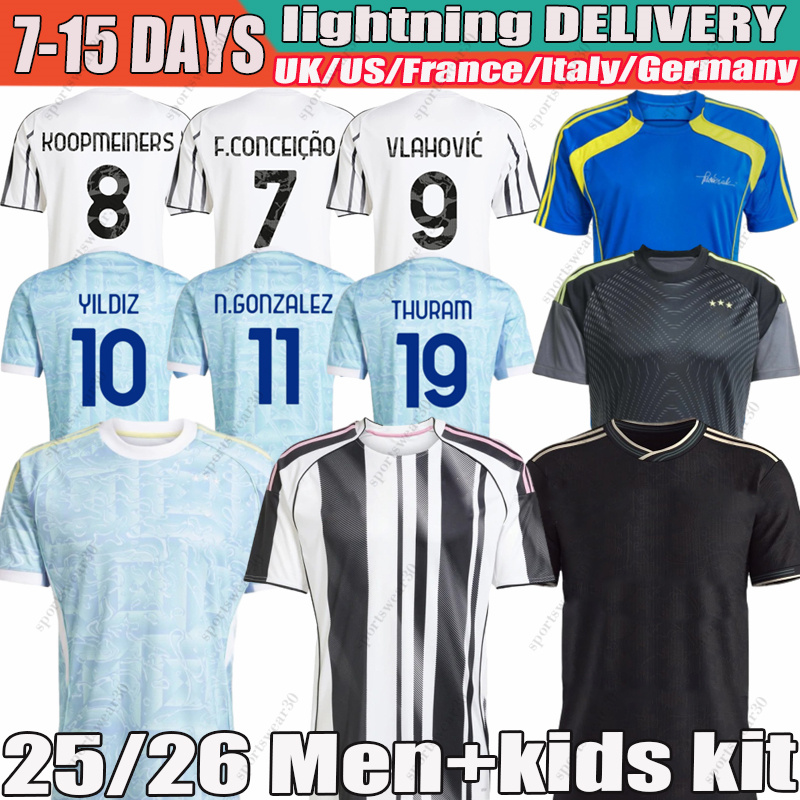 Juve 25 26 Soccer Jerseys Fans Player Home Away Yildiz Vlahovic F.CONCEICAO DOUGLAS LUIZ Thuram N.GONZALEZ Gatti Kalulu 2025 Football Shirt Men Kids kit Kits