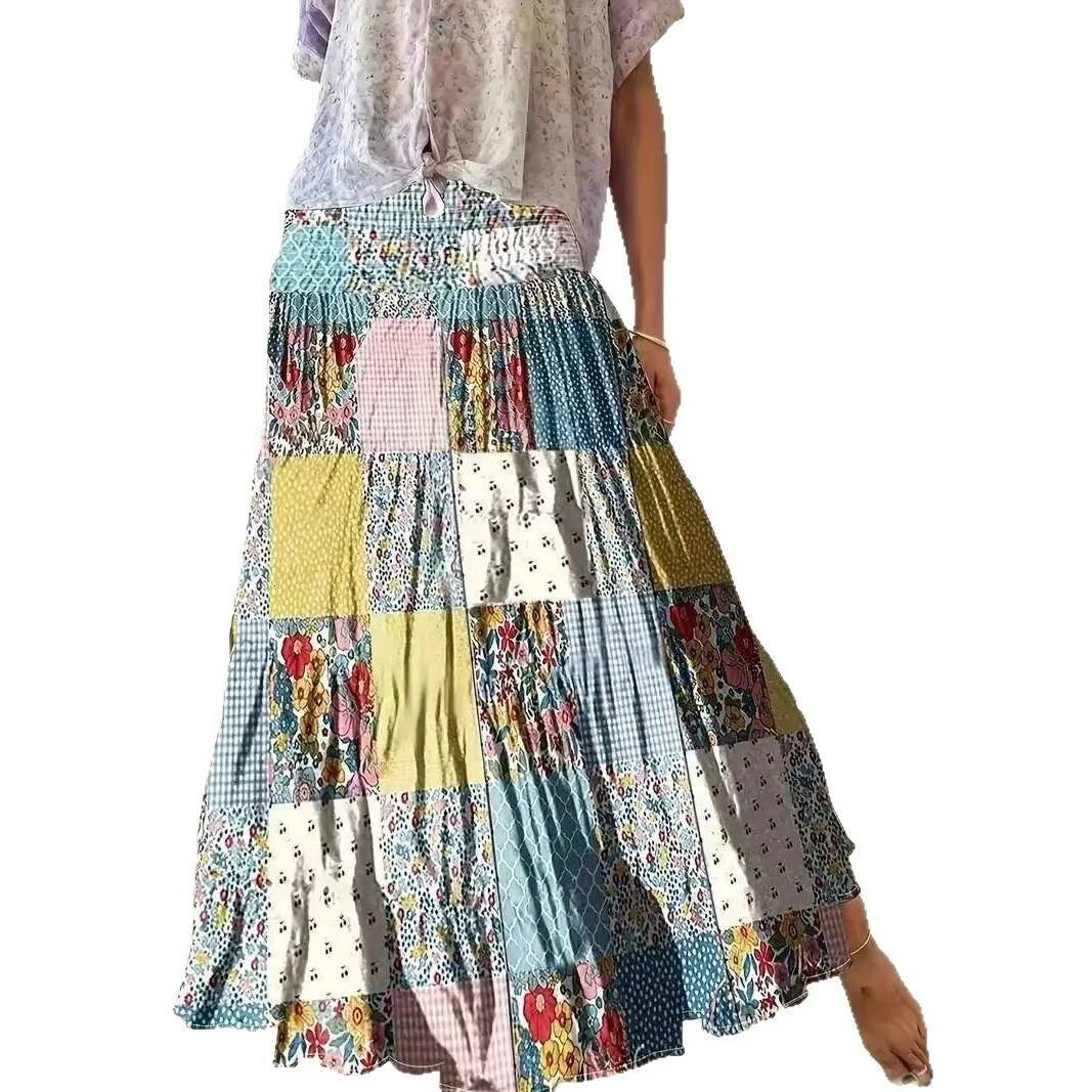 2025 Summer fashion New Women's Printed Splicing Women's Fashion Flower High Waist Skirt Long Skirt New Designer