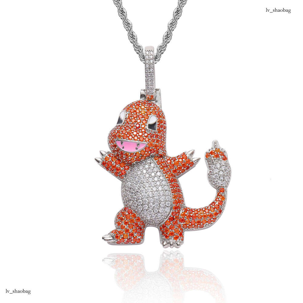 Meisa New Cartoon Charmander Pendant Sterling Silver Micro-inlaid Colorful Moissanite chain Versatile Personality Hip-hop Necklace