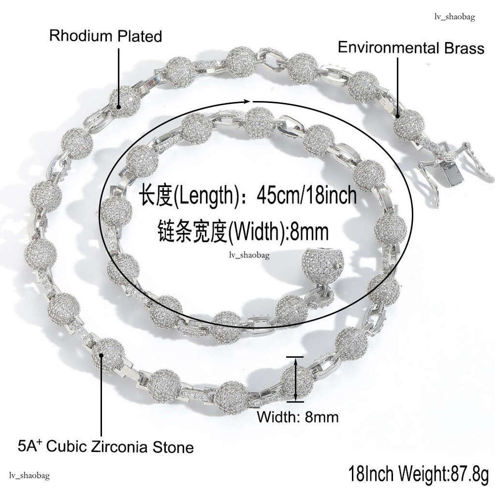 Necklace 8mm Round Bead Personality Trendy Unisex Clavicle Chain Street Full Moissanite chain Hip Hop Accessories