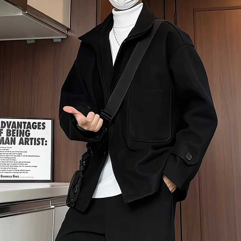 Korean Fashion Mens Wool Blend Coat Single Breasted Pea Coat Trench Overcoat XJ250809