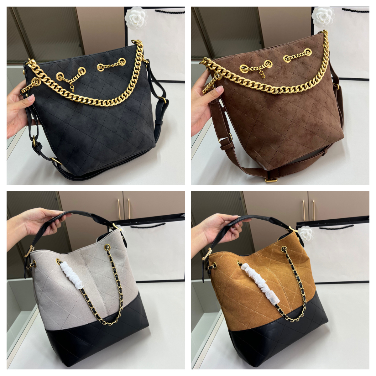 Designer Suede Bucket Bag Large Shoulder Crossbody Women's Luxury Handbag Chain Quilted Bag Hippie Style Armpit Bag Travel Bag Designer Weekend Bag