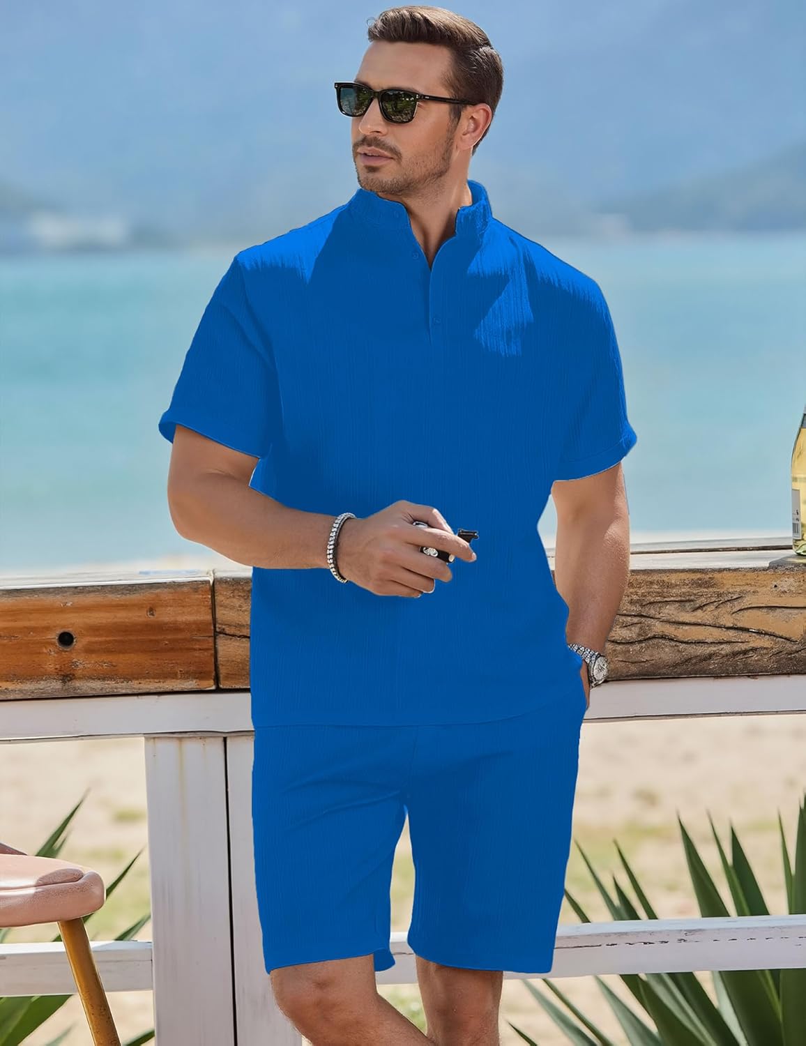 Men's Summer Beach Outfits 2 Piece Vintage Short Sleeve Henley Shirts and Shorts Vacation Texture Sets for Men