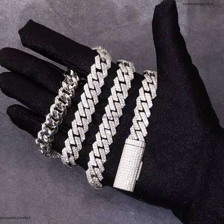 Hot Sale Style 12mm 2Row Solid Sier Iced Out Moissanite Dia Link Hiphop Chain Miami Cuban Chains Necklace