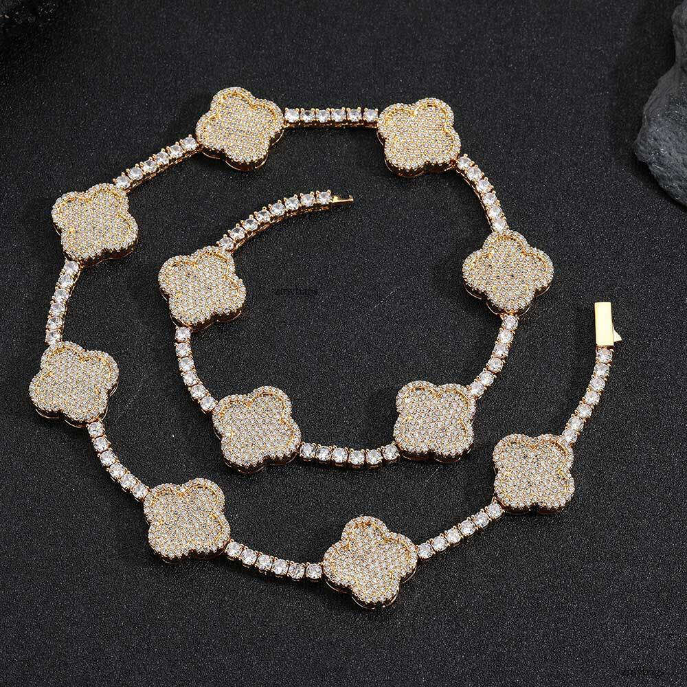 Hip Hop Spring Buckle Four-Leaf Clover Tennis Chain Moissanite chain High-End Versatile Men's Necklace