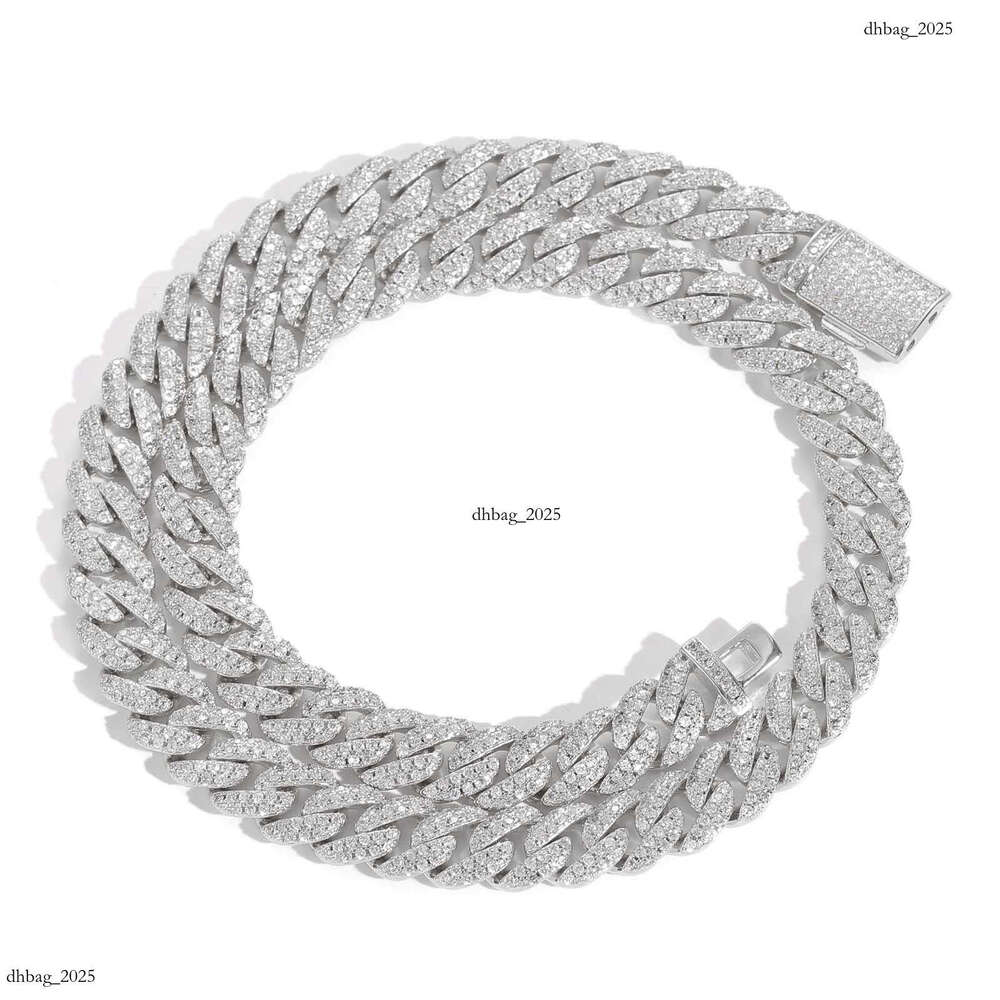 10mm Double Row Cuban Chain Sterling Sier Necklace with Moissanite Dia and Trendy Certificate