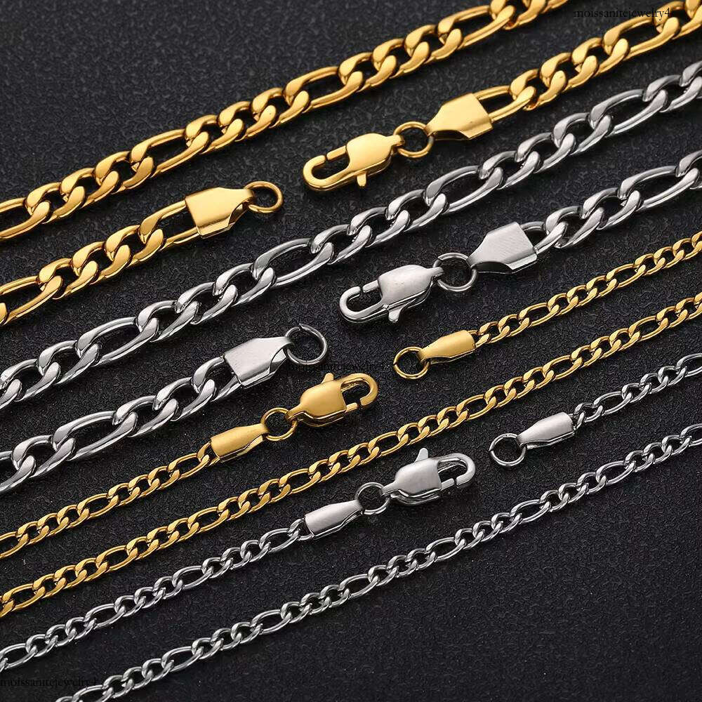 Nuoya Unisex Gold Plated Cuban Link Necklace 3/4/5/6mm Stainless Steel Hip Hop Jewelry 3-to-1 Figaro Chain for Parties