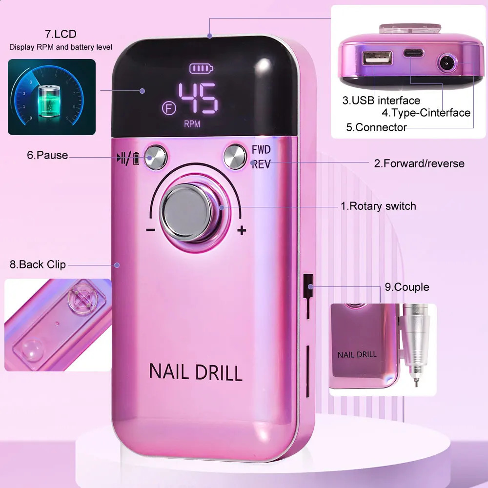 45000RPM Electric Nail Drill Machine Professional Nail Drills for Gel Nails Polish Rechargeable Portable Nail File Manicure Tool 250814