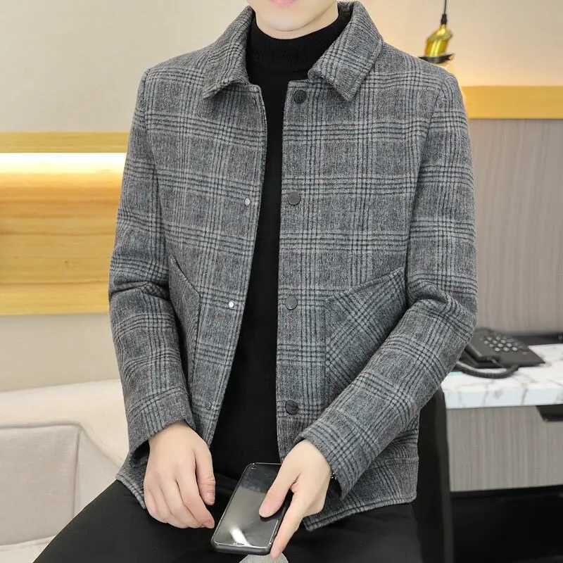 2025 New Autumn Winter Mens Casual Plaid Short Woolen Coats Streetwear Slim Fit Wool Windbreaker Jacket Clothing Warm Top ParkaXJ250809