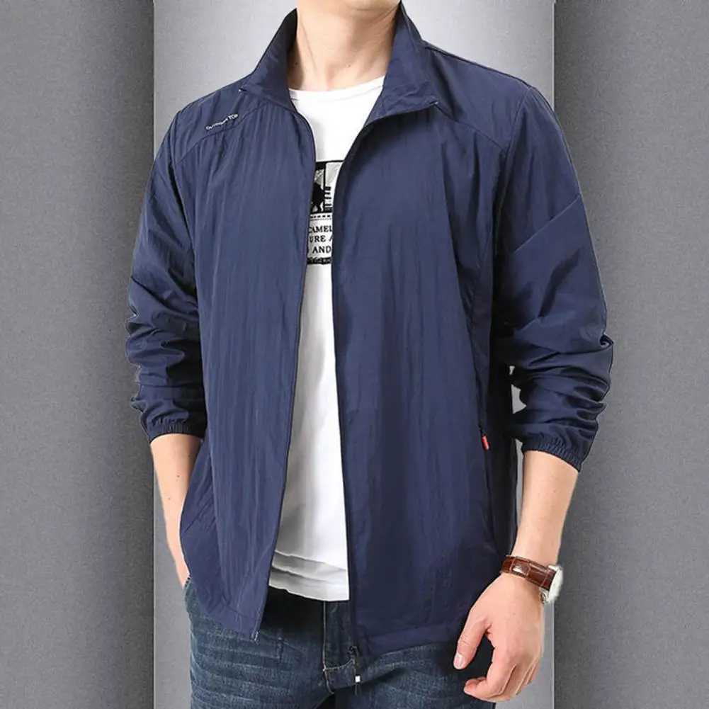 Men Summer Jackets Casual Lapel Long Sleeve Solid Color Male Sun Coat Loose Fit Zipper Placket Windproof Men Outerwear for Outdoor W250809