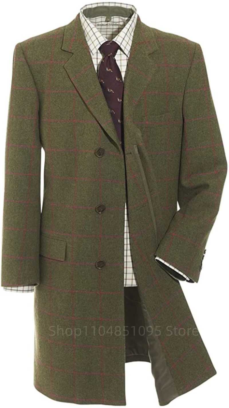 Elegant Jackets Green Plaid Man Single Breasted Mans Overcoat Woolen Blends Mid-length Trench Coat Long Mens Woolen Coat XJ250809