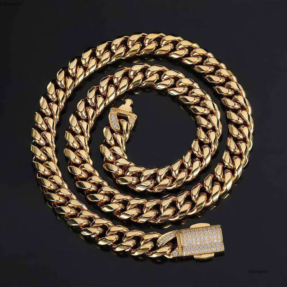 12mm HipHop Stainless Steel Miami Cuban Chain Gold Necklace for Men