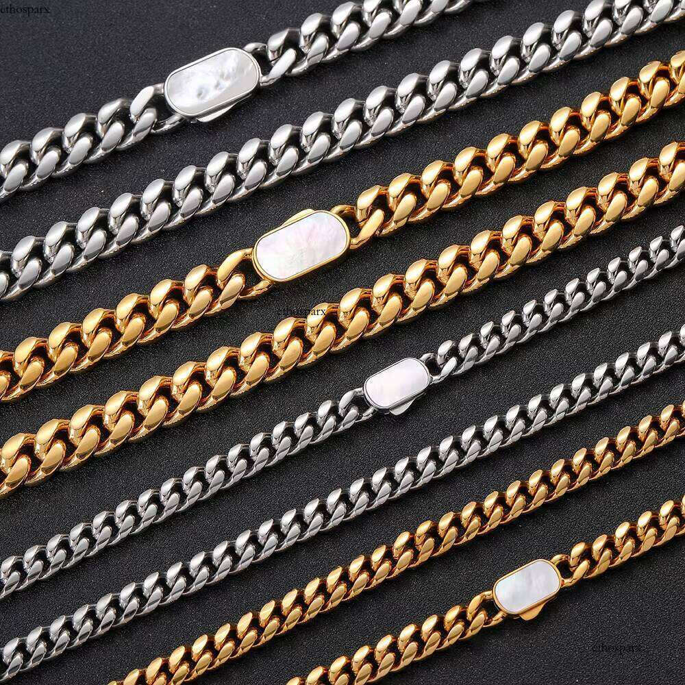 New Style 8mm 12mm Cuban Link Pave Shell Clasp Gold Plated Stainless Steel Chain Necklace
