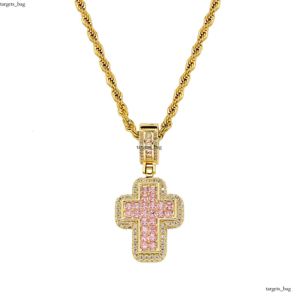 Hip Hop Fashion T Square Moissanite chain Pink Cross Necklace Personality Street Trend Jewelry