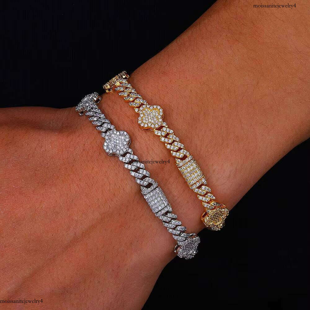 NUOYA Women 6MM Bracelet with Four Leaf Clover White Gold Plated Dia Prong Cuban Link Chain Jewelry