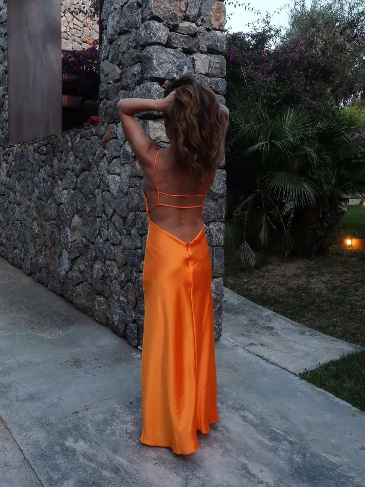 Orange Satin Lace Up Sling Long Dresse Fashion V Neck Backless Sleeveless Maxi Robe Summer Female Evening Party Club Gown 250804