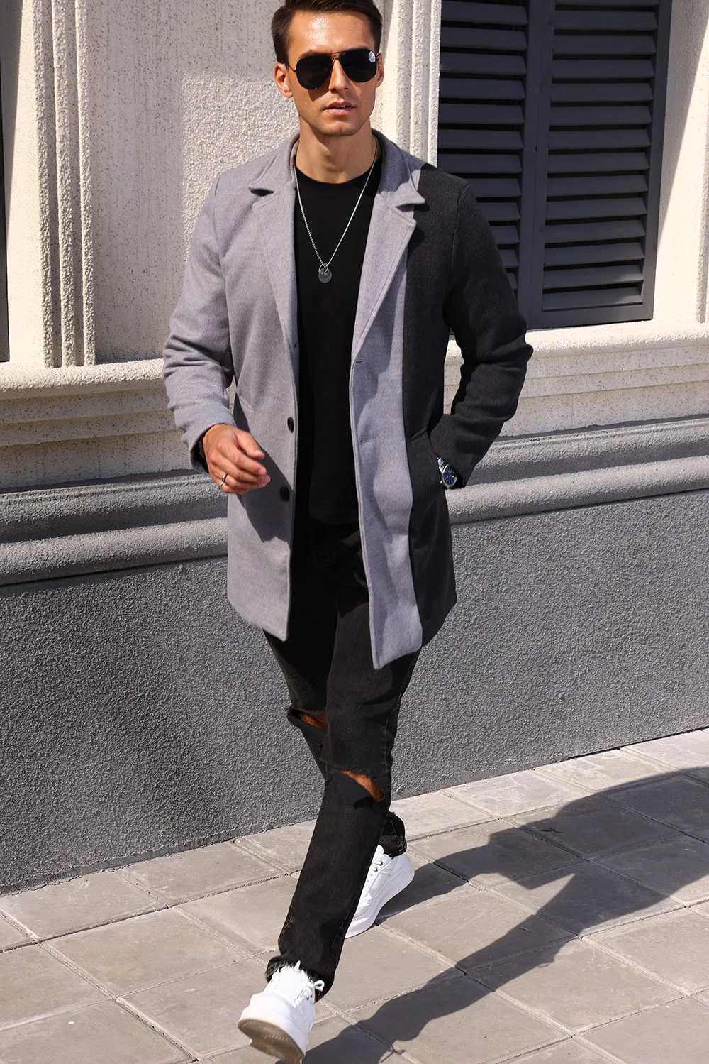 Mens Woolen Jacket Fashionable Versatile Color Block Coat Top XJ250809