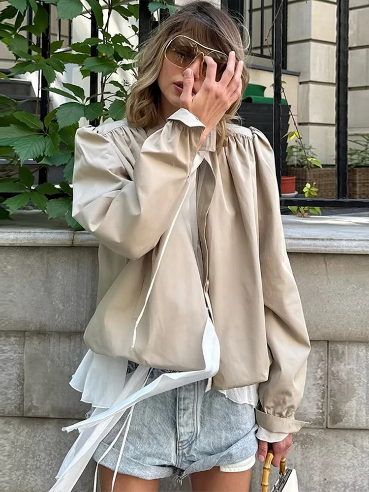 Casual Womens Pleated Stand Collar Coats Withshoulder Pad Long Sleeve Crop Top Lady Jackets Fashion Female Street Outwear 250804 - view 4