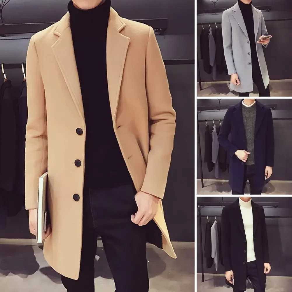 Woolen Fabric Overcoat Elegant Mens Woolen Suit Coat with Lapel Slim Fit Single-breasted Mid-length Jacket for Autumn Winter XJ250809