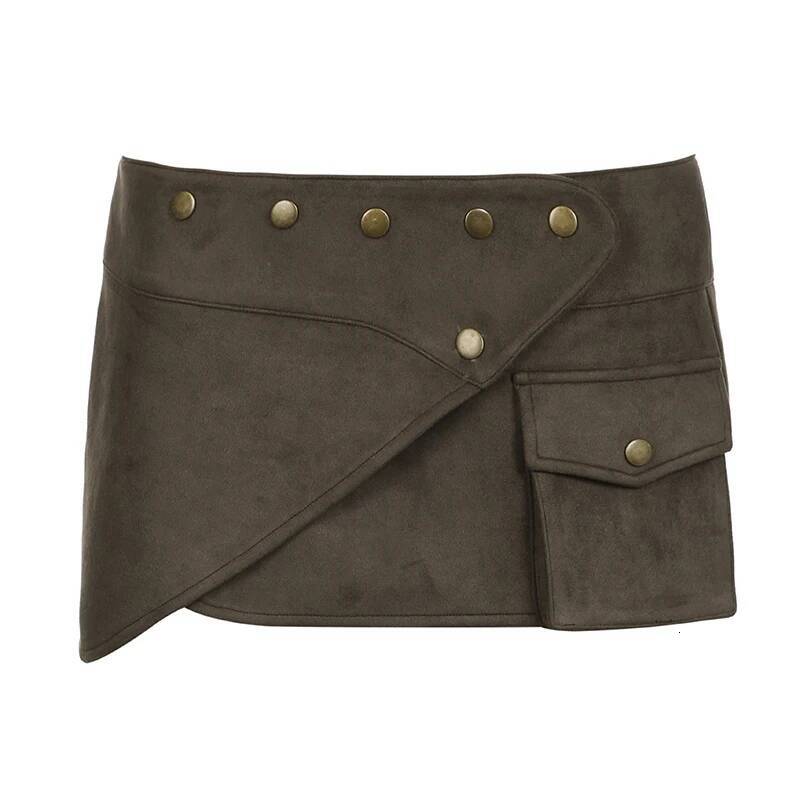 2025 Summer New Women's Retro Brown Irregular Mini Skirt with Pocket Fashion Rivet Details Low Waist fashion Mini Skirt Fashion Club New Designer
