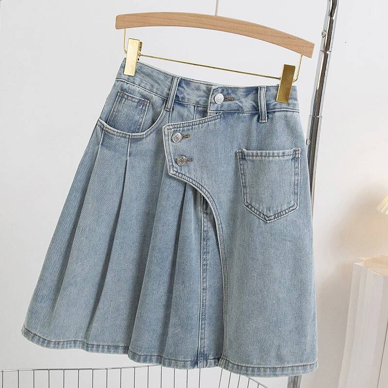 2025 summer new women's plus size denim A-line underskirt summer new Korean fashion pleated skirt Midi denim skirt women's fashion blue deni