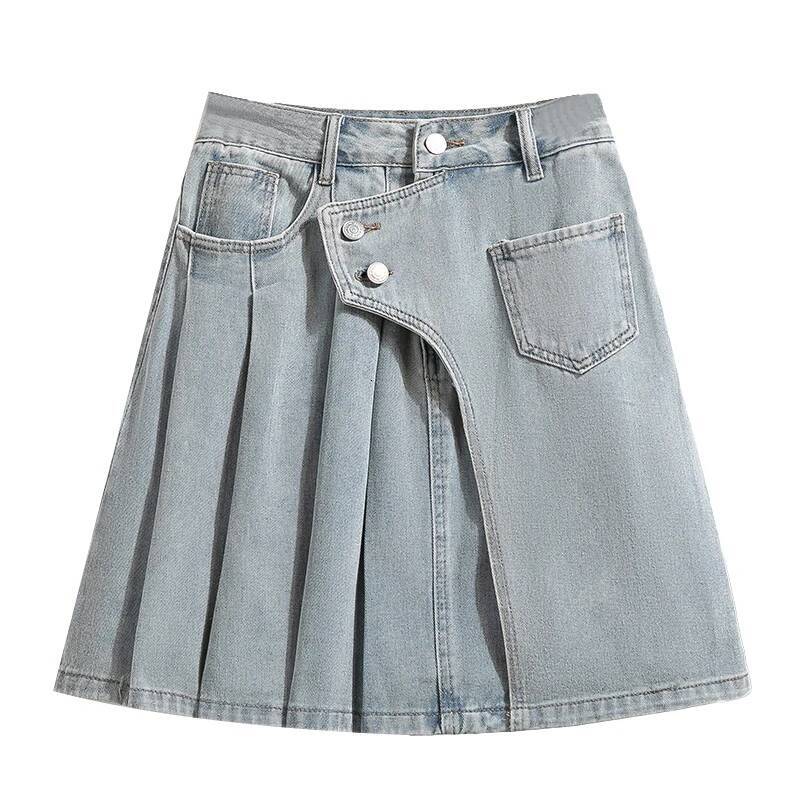 2025 summer new women's plus size denim A-line underskirt summer new Korean fashion pleated skirt Midi denim skirt women's fashion blue deni