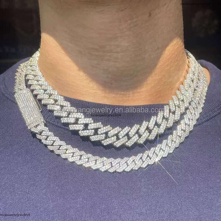 S Solid Sier Jewelry 2rows 10mm 12mm Width GRA Moissanite Dia Cuban Link Chain Hip Hop Necklace