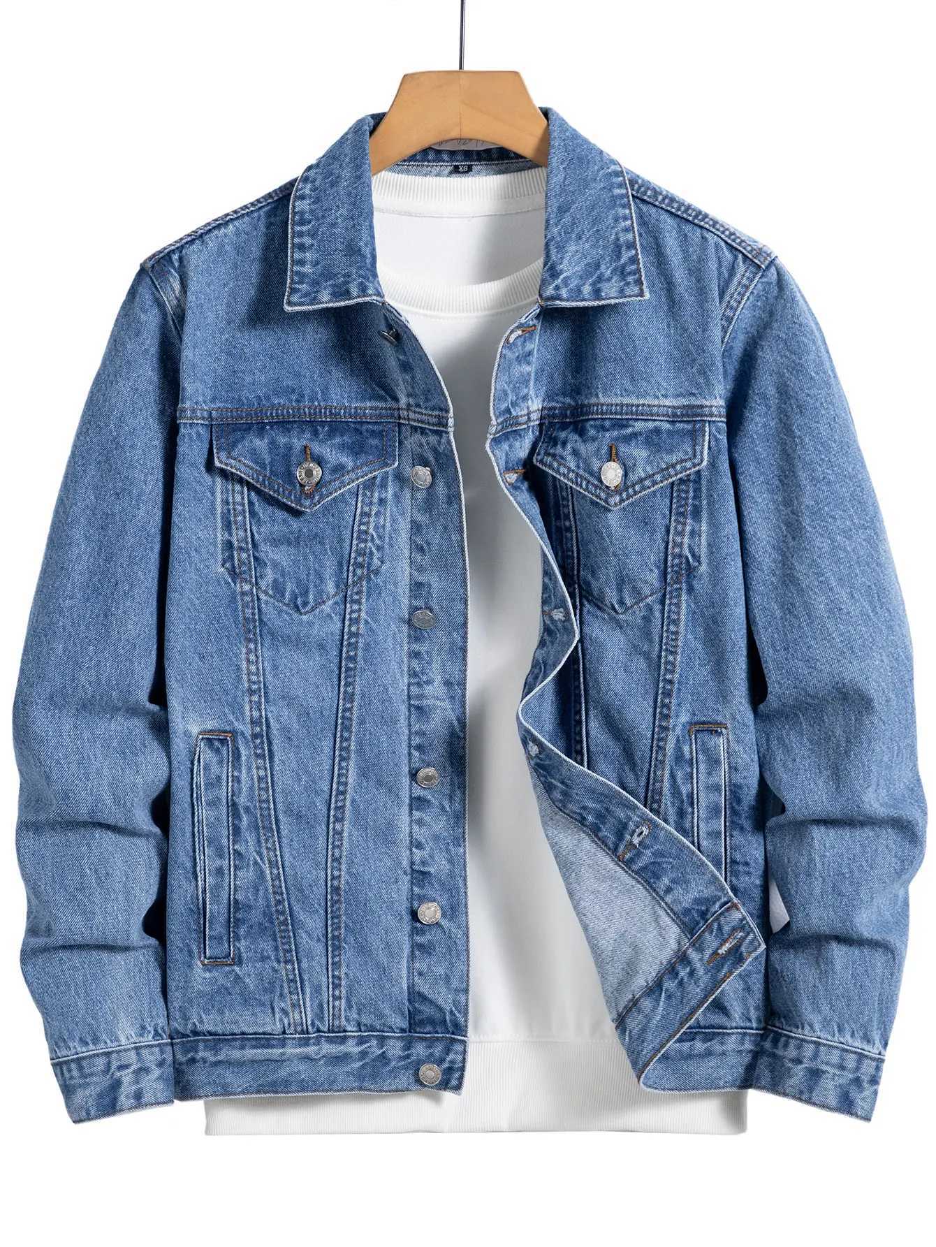 Mens Blue Denim Jacket for Spring and Autumn Multi-pocket design. Regular size with a stylish street casual style. W250809