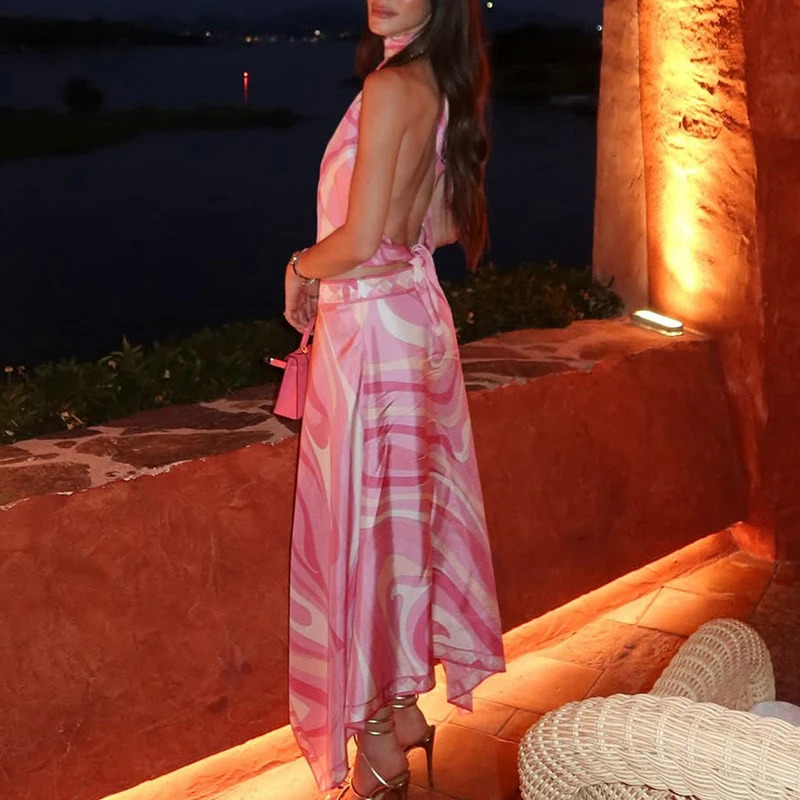 Satin Print Irregular Two Piece Sets Sexy Hanging Neck Top and Long Skirt Party Suit Fashion Backless Hollow Out Beach Outfits 250808