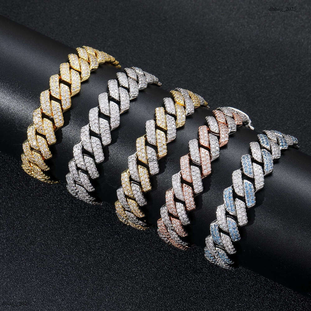 14mm Bar-Shaped Dia Dense with Blue and White Moissanite chain for Men Hip-Hop Cuban Chain Necklace
