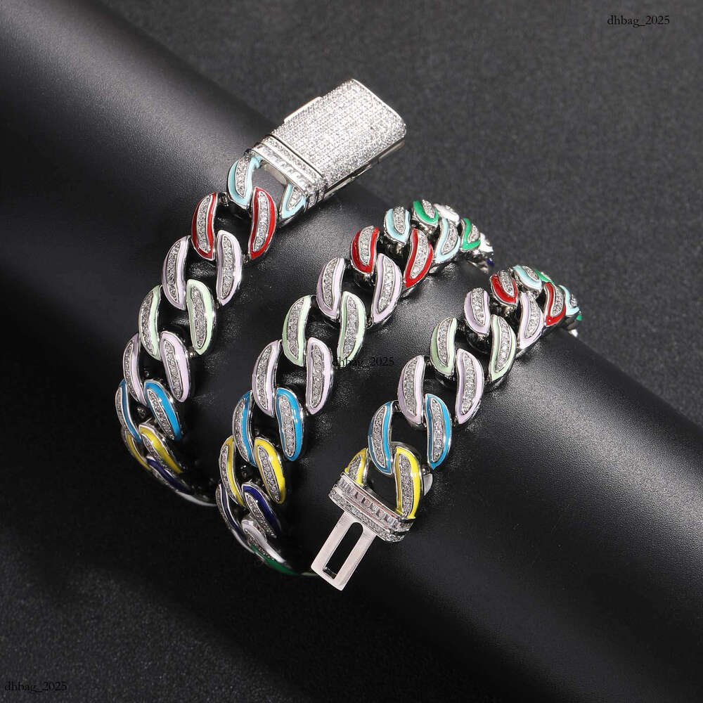Hip-Hop Meisa New 15mm Colorful Enamel Cuban Chain High-End Sterling Silver Inlaid Moissanite chain Trendy Niche Jewelry