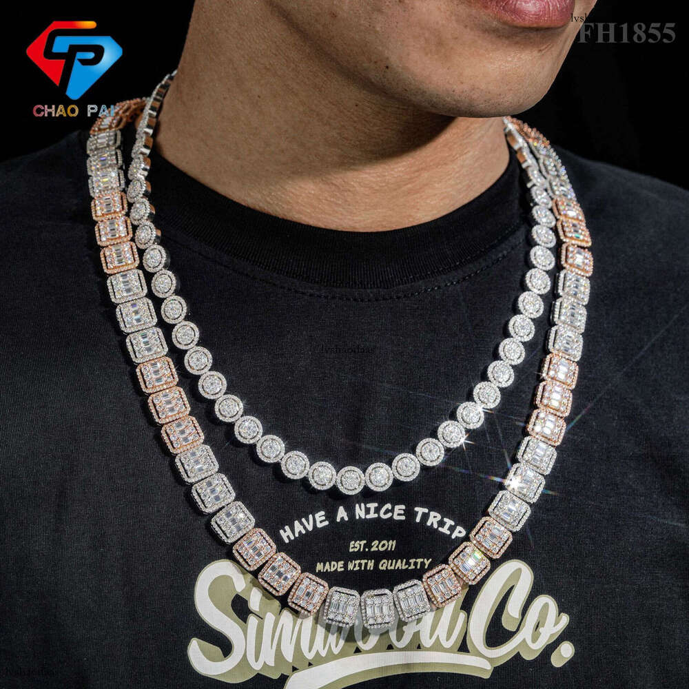 New Style Personality Hip-Hop Unisex Sier Inlaid Moissanite Two-Tone Square Cuban Chain