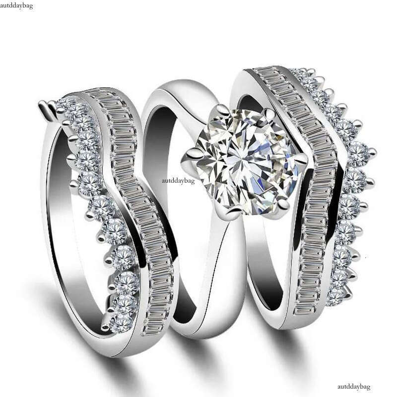 2024 Handmade Popular Wedding Rings Jewelry Sterling Sier Fill Round Cut 5A Cubic Zircon CZ Dia Gemstones Party 3pcs Women Bridal Ring Set Gift