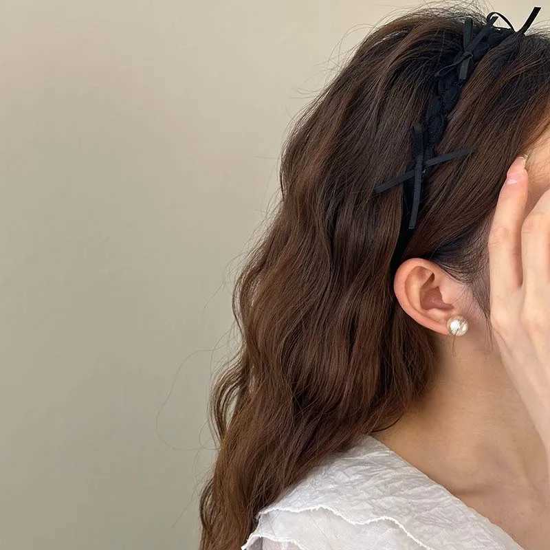 Korean Black Ribbon Bow Bezel Bands for Women Girls Sweet Thin Edge Lace Mesh Hair Bands Haiand Hair Accessories Y250809
