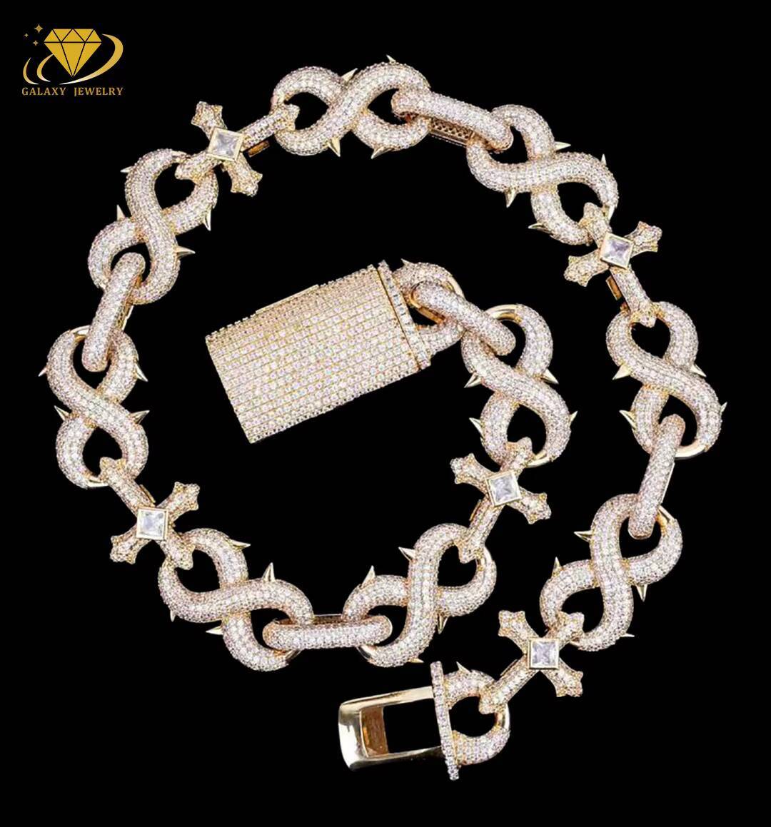 Hip Hop Mens Jewelry Micro Pave 925 Silver Infinity Spike Cross 15mm Iced Out Moissanite Diamond Cuban Link Chain Necklace