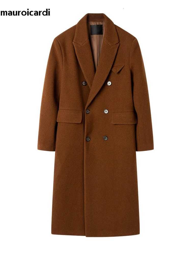 Mauroicardi Autumn Winter Long Warm Coffee Black Soft Woolen Coat Men Double Breasted Loose Casual Wool Blends Overcoat 2023 XJ250809