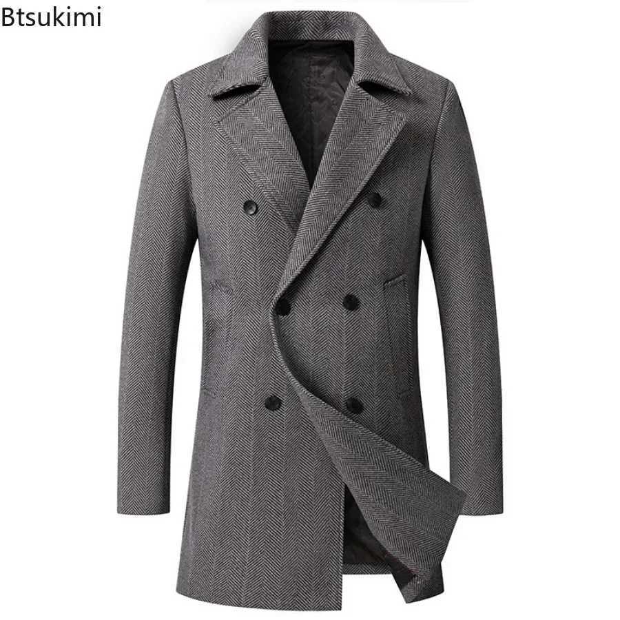 2025 New Mens Double Breasted Wool Coat Simple Mid-length Trench Men Business Casual Woolen Jacket Male Warm Windbreak Overcoat XJ250809
