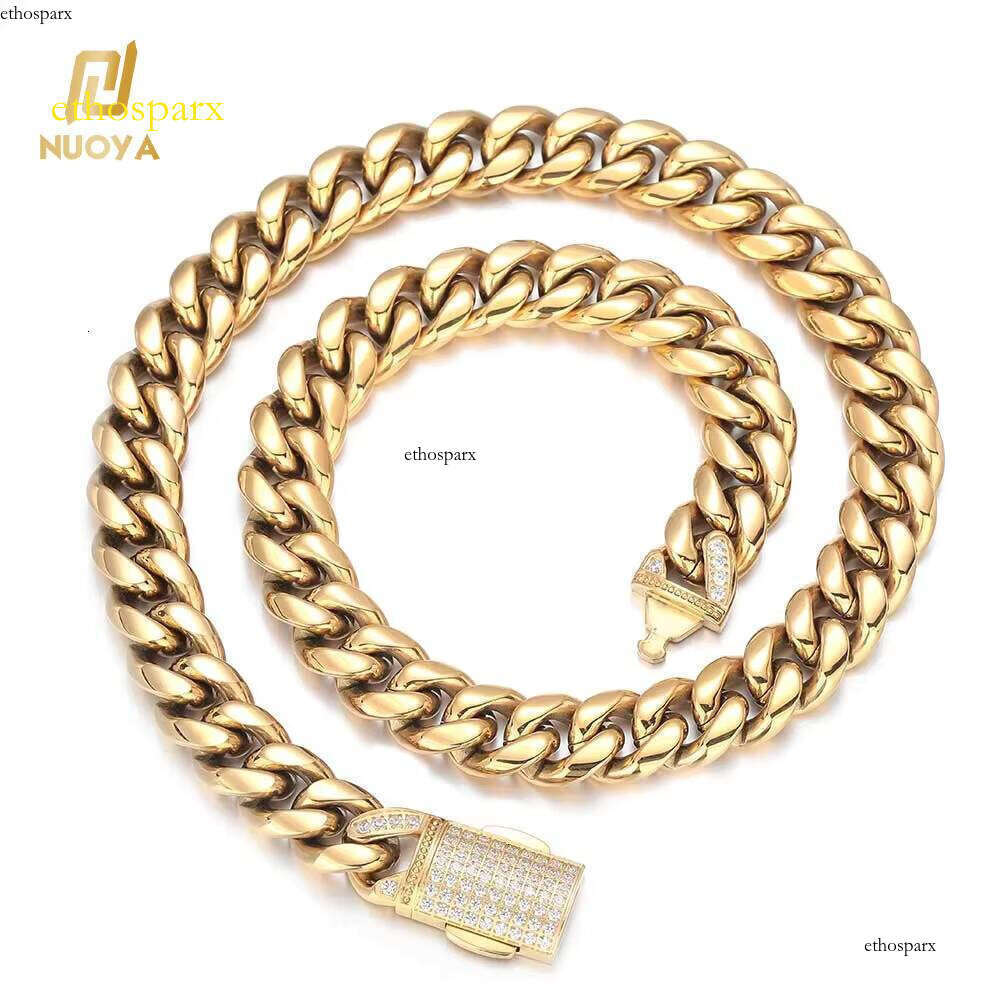 NUOYA 12mm HipHop Full Dia Clasp Link Gold Plated Stainless Steel Miami Cuban Chain Necklace Men